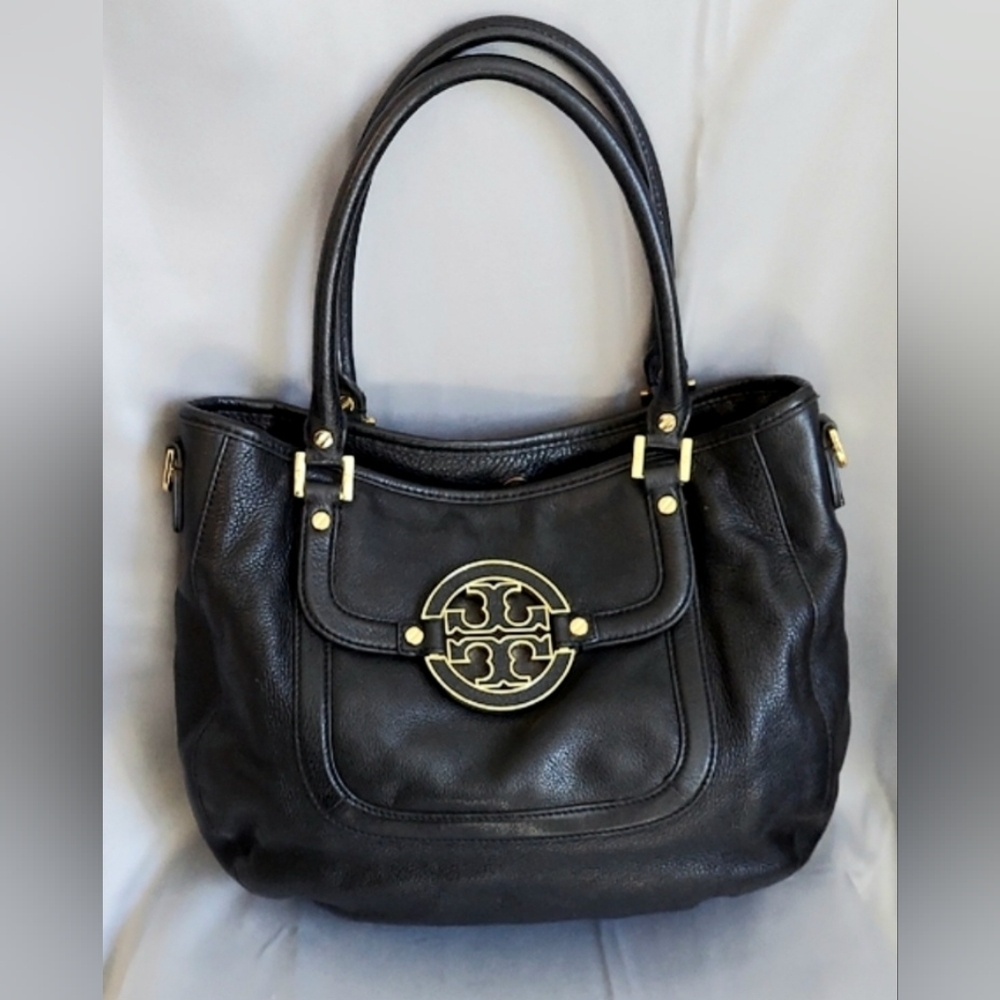Tory Burch "Amanda" Bag, Black Pepple Leather, Gold Hardware Double Handle, Hobo